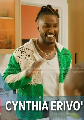 Scott’s green crochet knit cardigan on Access Hollywood
