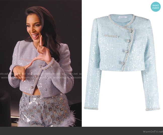 Self Portrait Cropped sequin boucle blazer worn by Jessel Taank on The Real Housewives of New York City