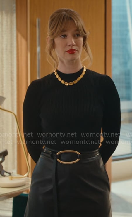 Shae’s balck leather skirt dress and ring belt on Matlock