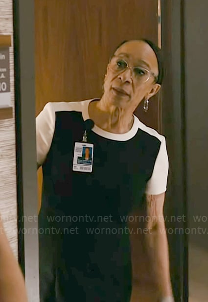 Sharon’s black and white colorblock dress on Chicago Med