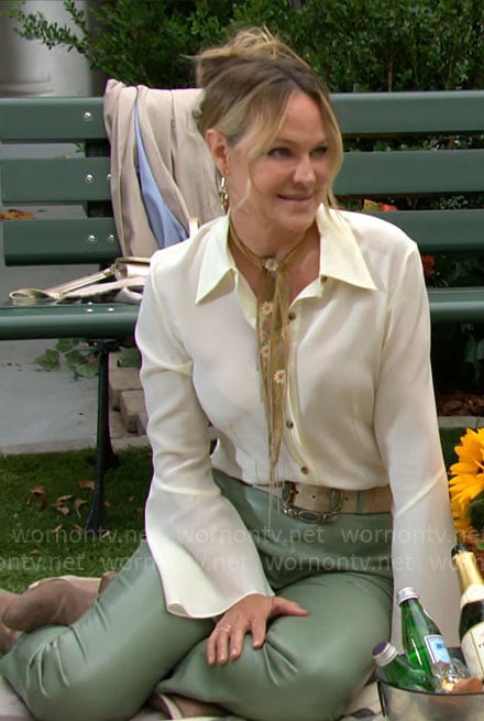 Sharon’s white button down blouse and green leather pants on The Young and the Restless