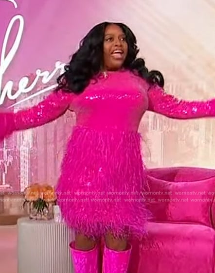 Sherri’s pink sequin feather dress on Sherri