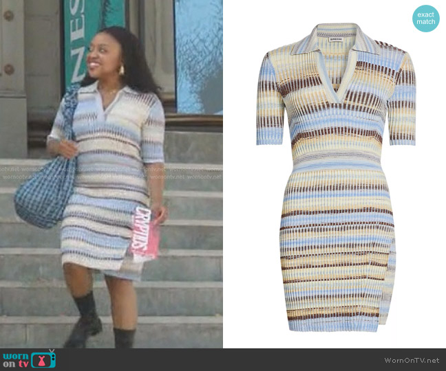 Simkhai Solana Stripe Rib-Knit Polo Minidress in French Blue Multi worn by Janine Teagues (Quinta Brunson) on Abbott Elementary