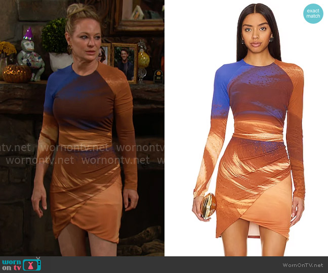 Simkhai Abby Dress in Sierra Print worn by Sharon Newman (Sharon Case) on The Young and the Restless