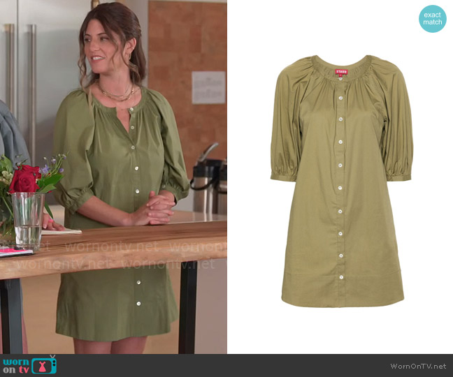 Staud Vincent poplin minidress worn by Marisa Lainer on Celebrations with Lacey Chabert