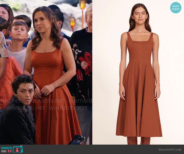 Staud Wells Dress in Tan worn by Lacey Chabert on Celebrations with Lacey Chabert