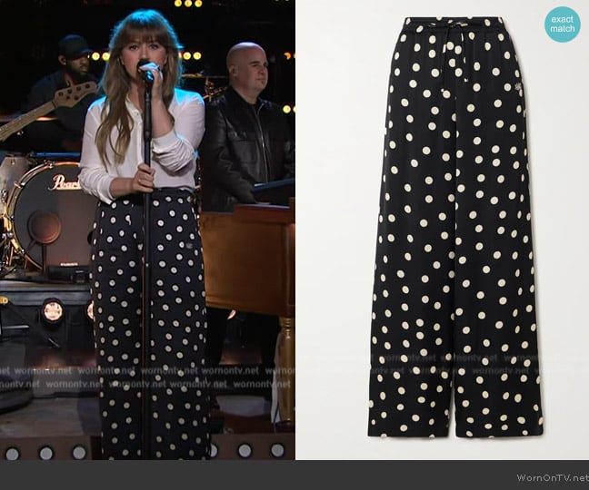 Stella McCartney Embroidered polka-dot satin wide-leg pants worn by Kelly Clarkson on The Kelly Clarkson Show