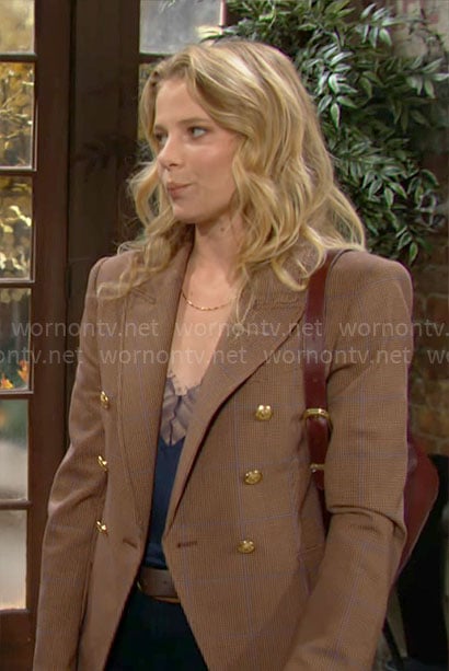 Summer’s blue mesh trim cami and checked blazer on The Young and the Restless