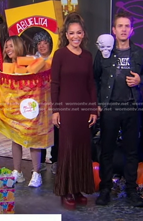 Sunny Hostin’s burgundy long sweater dress on Good Morning America