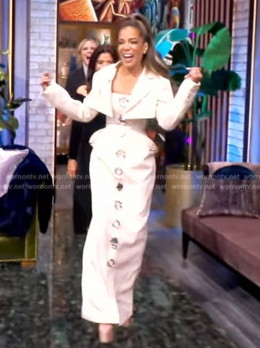 Sunny’s white embellished button dress and blazer on The View