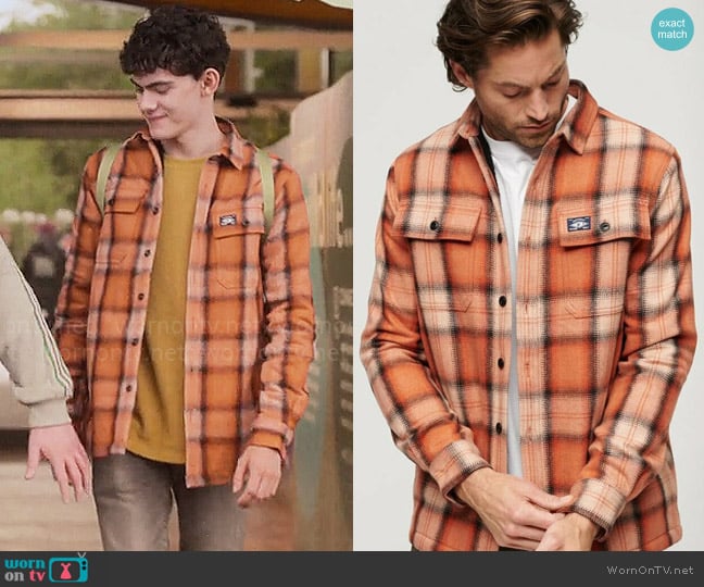 Superdry Miller Overshirt in Roderick Check Orange worn by Charlie Spring (Joe Locke) on Heartstopper