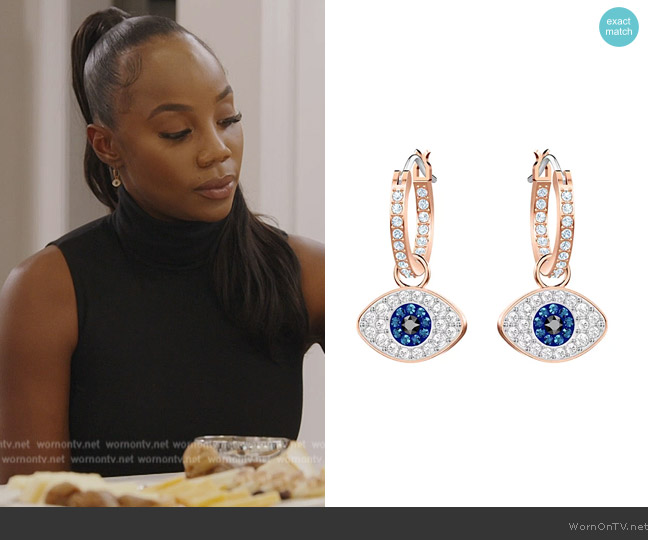 Swarovski Symbolic Evil Eye Hoop Earrings worn by Jassi Rideaux on The Real Housewives of Potomac