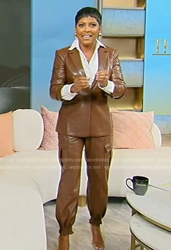 Tamron’s brown leather blazer and pants on Tamron Hall Show