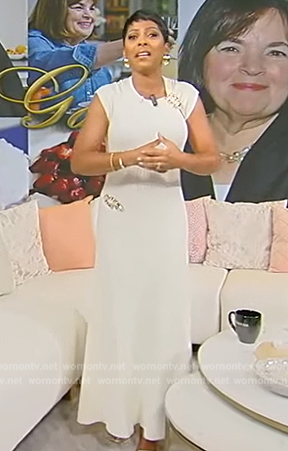 Tamron’s white embellished ribbed dress on Tamron Hall Show
