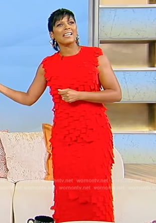 Tamron’s red ruffled sleeveless dress on Tamron Hall Show