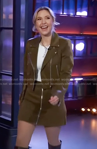 Taylor Tomlinson’s green moto jacket and skirt on The Kelly Clarkson Show