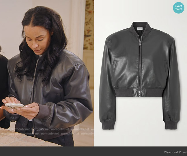The Frankie Shop Micky cropped faux leather bomber jacket worn by Sai De Silva on The Real Housewives of New York City