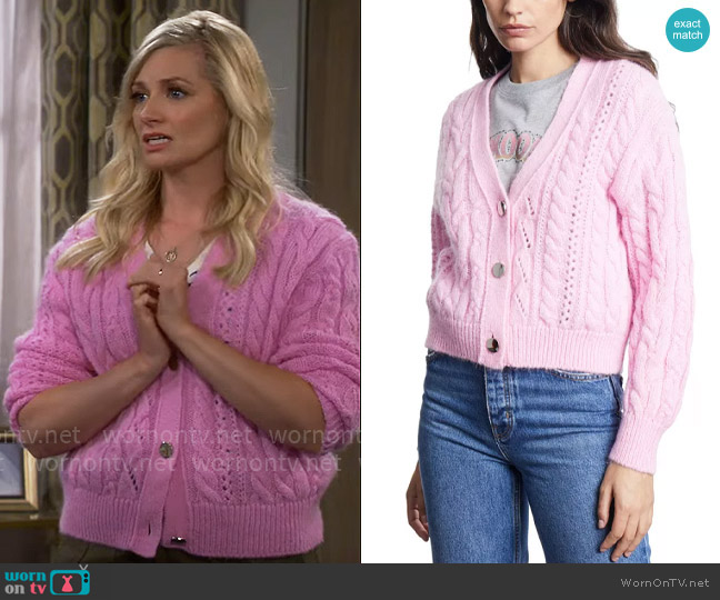 The Kooples Cable Knit Cardigan in Pink worn by Gemma (Beth Behrs) on The Neighborhood