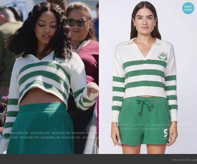 Stateside Cotton Cashmere Embroidered Johnny Collar Sweater in Pine worn by Thea (Camille Hyde) on All American Homecoming