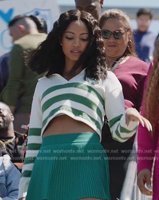 Thea’s green striped cropped sweater on All American Homecoming