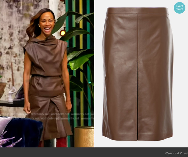 Leather pencil skirt bu Tod's worn by Zoe Saldana on The View