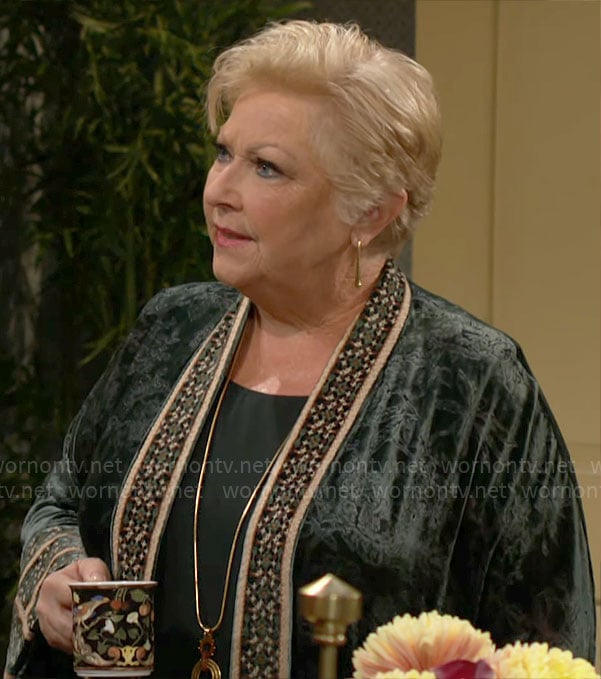 Traci’s long green embroidered jacket on The Young and the Restless