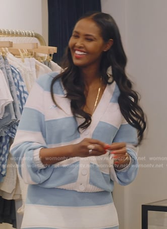 Ubah’s white and blue striped cardigan and skirt on The Real Housewives of New York City