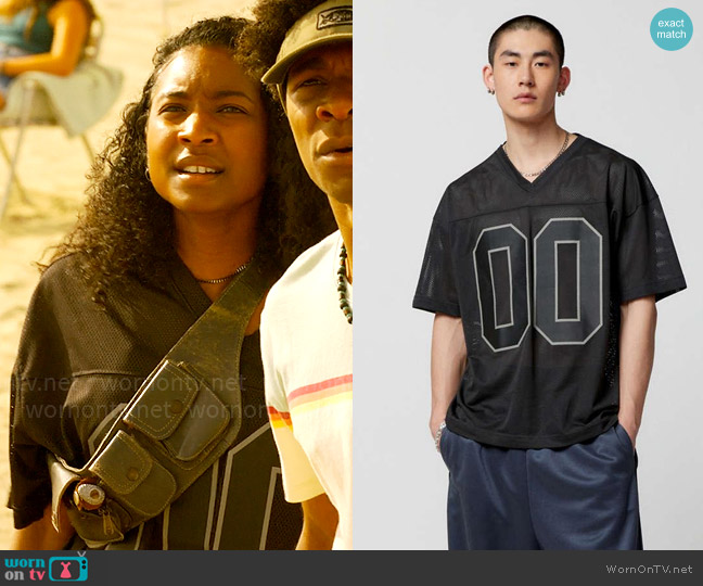 Standard Cloth Football Jersey Tee worn by Cleo (Carlacia Grant) on Outer Banks