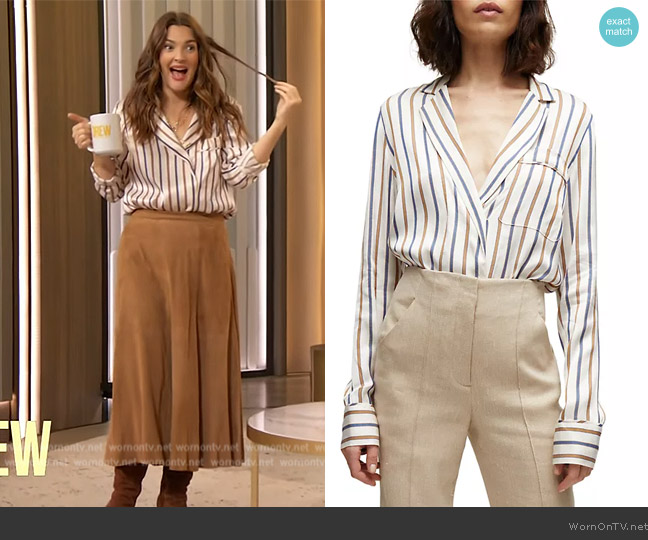Veronica Beard Lusanne Stripe Long-Sleeve Shirt worn by Drew Barrymore on The Drew Barrymore Show