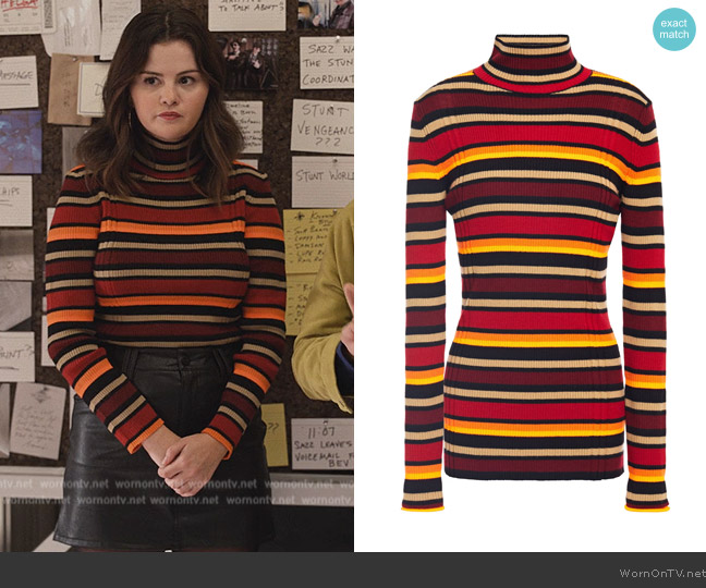 Victoria Victoria Beckham Striped ribbed wool-bend turtleneck sweater worn by Mabel Mora (Selena Gomez) on Only Murders in the Building