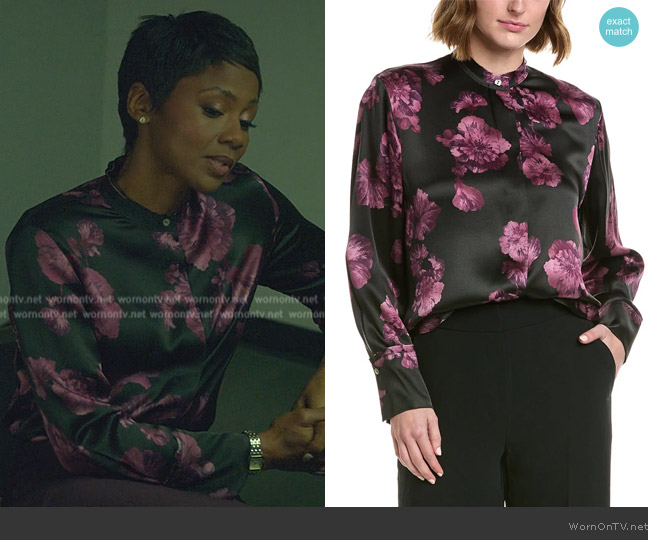 Vince Begonia Print Raw Neck Silk Blouse worn by Jax Stewart (Emayatzy Corinealdi) on Reasonable Doubt