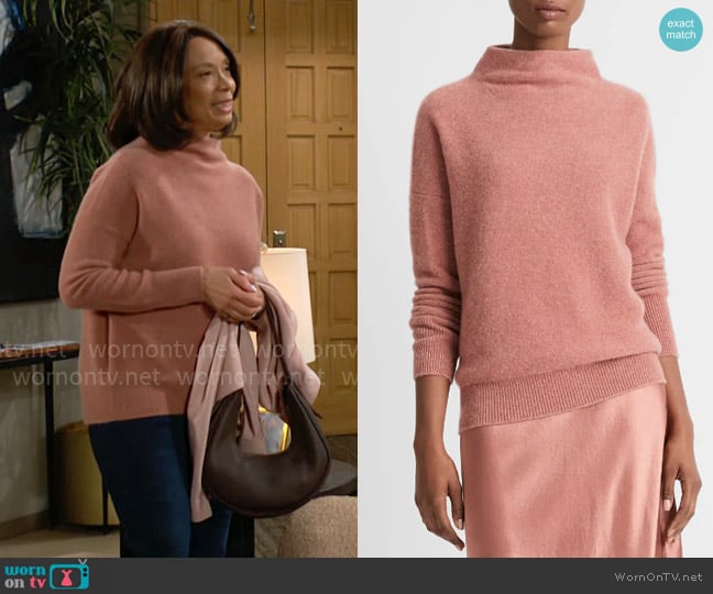 Vince Boiled Cashmere Funnel Neck Pullover in Vintage Rose worn by Amy Lewis (Valarie Pettiford) on The Young and the Restless