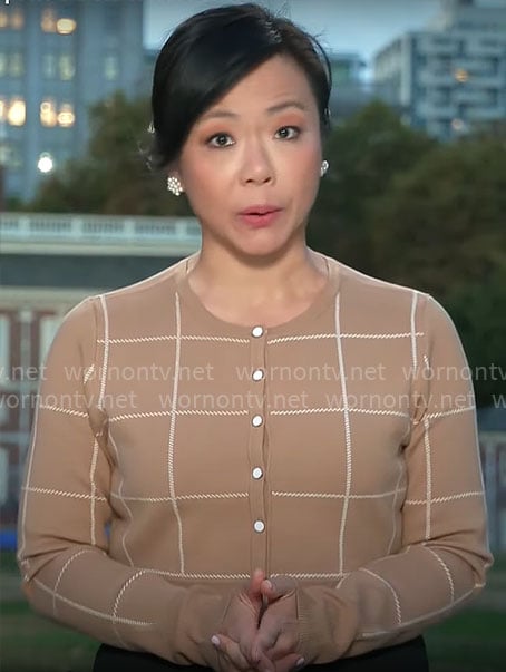 Weijia Jiang’s camel checked cardigan on CBS Mornings