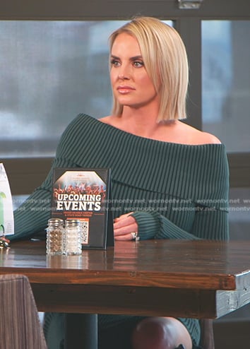 Whitney’s green ribbed off-shoulder dress on The Real Housewives of Salt Lake City