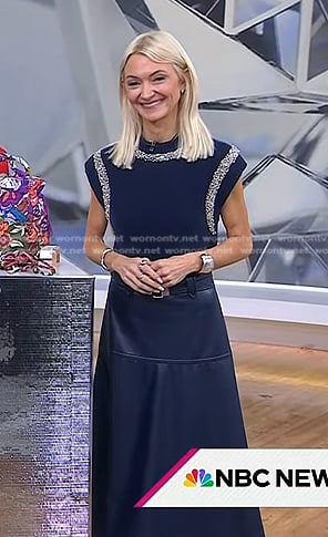 Zanna Roberts Rassi’s navy embellished sweater and leather skirt on Today