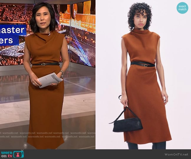 Zara Belted Midi Dress in Dark Orange worn by Vicky Nguyen on NBC News Daily