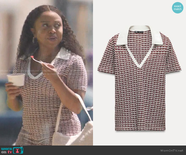 Zara Jacquard Polo Shirt in Burgundy worn by Janine Teagues (Quinta Brunson) on Abbott Elementary