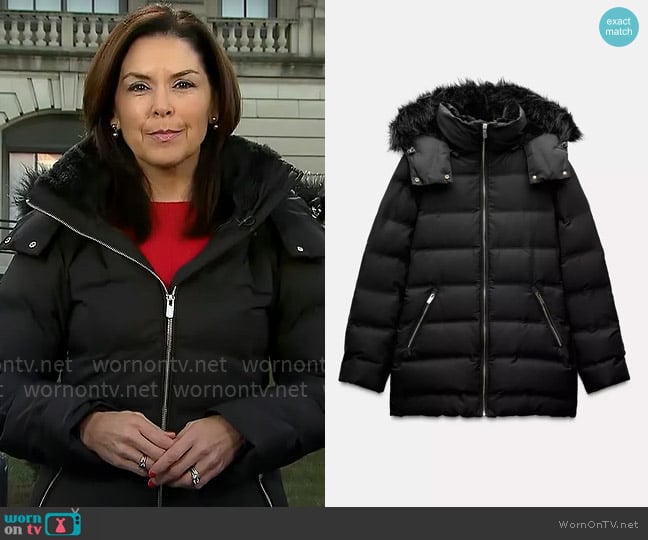 Zara Water and Wind Protection Hooded Down Coat worn by Meg Oliver on CBS Mornings