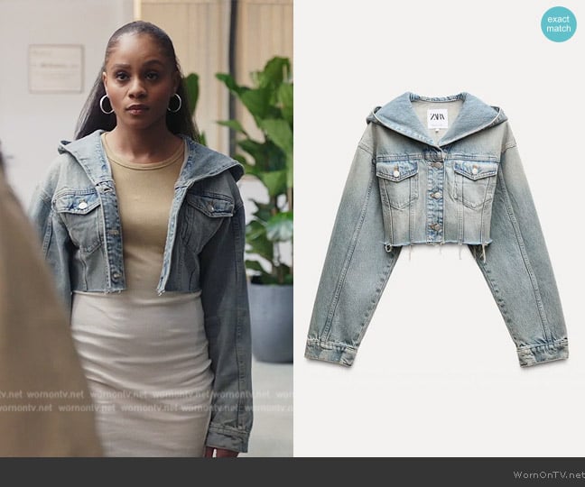 Zara TRF Crop Denim Jacket worn by Simone (Geffri Hightower) on All American Homecoming