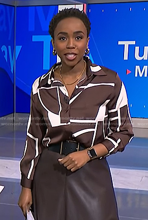 Zinhle Essamuah’s brown geometric print blouse on NBC News Daily