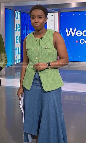 Zinhle’s green tweed vest and denim skirt on NBC News Daily