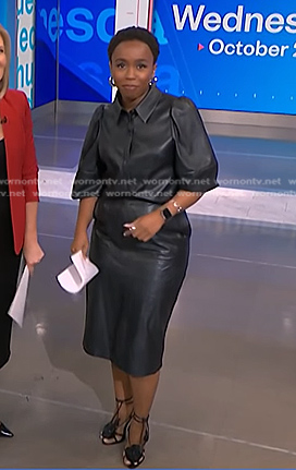 Zinhle’s black puff sleeve leather blouse and sandals on NBC News Daily