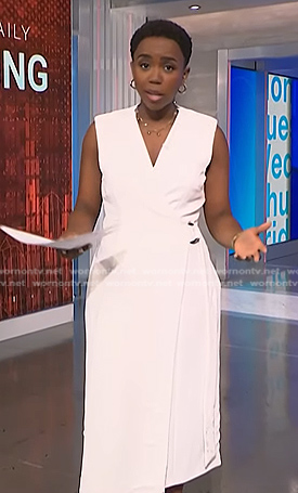 Zinhle’s white sleeveless wrap dress on NBC News Daily