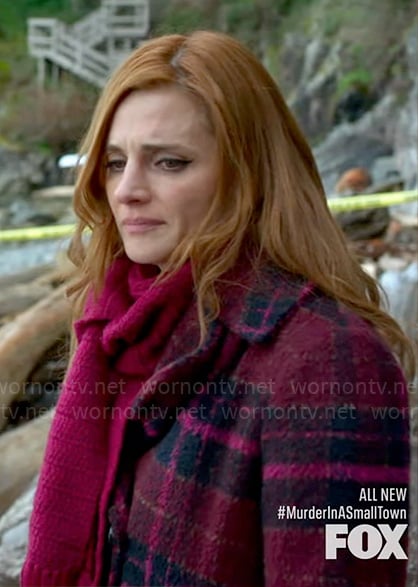 Zoe’s plaid coat on Murder in a Small Town