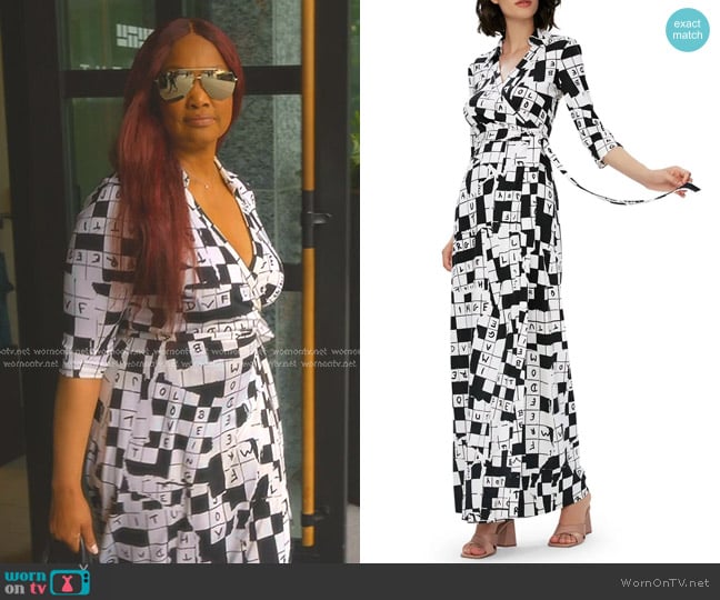 Diane von Furstenberg Abigail Crossword Puzzle Silk Maxi Dress worn by Garcelle Beauvais on The Real Housewives of Beverly Hills
