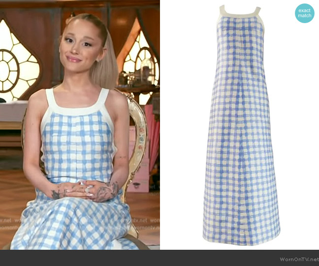An André Courreges Long Chasuble Dress worn by Ariane Grande on E! News