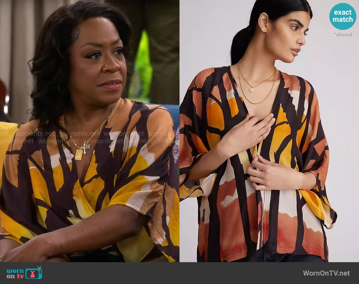Mes Demoiselles Draped Silk Blouse worn by Tina Butler (Tichina Arnold) on The Neighborhood