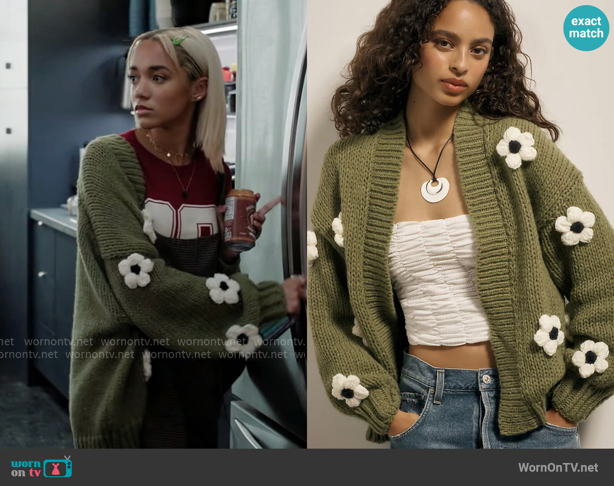 Anthropologie The Susannah 3D Flower Cardigan Sweater in Moss worn by Ava (Amirah J) on High Potential