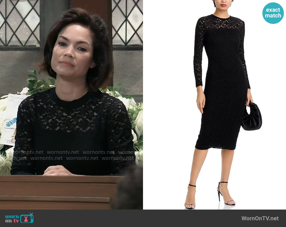 Aqua Puckered Lace Midi Sheath Dress worn by Elizabeth Webber (Rebecca Herbst) on General Hospital