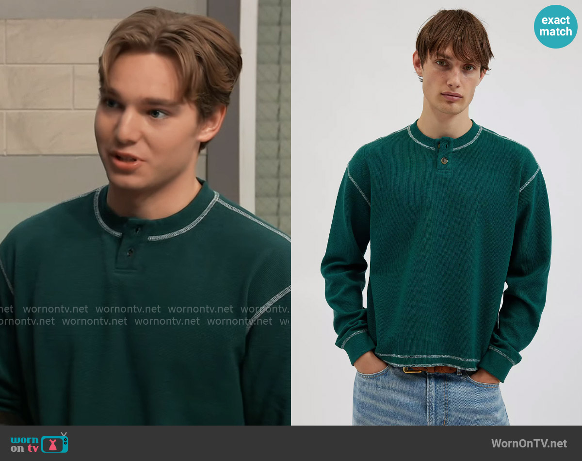 BDG Cameron Thermal Henley Tee worn by Rocco Falconeri (Finn Carr) on General Hospital